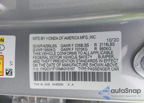 2021 Honda Accord Lx from USA, damaged, VIN 1HGCV1F1XMA010167